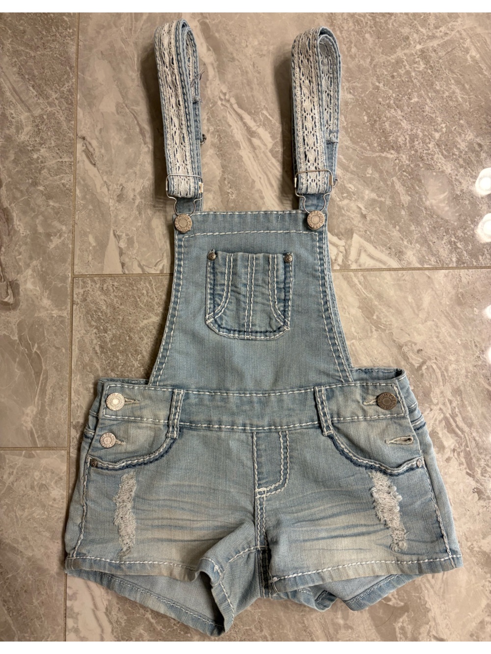 Lacy Light Wash Denim Overall Shorts